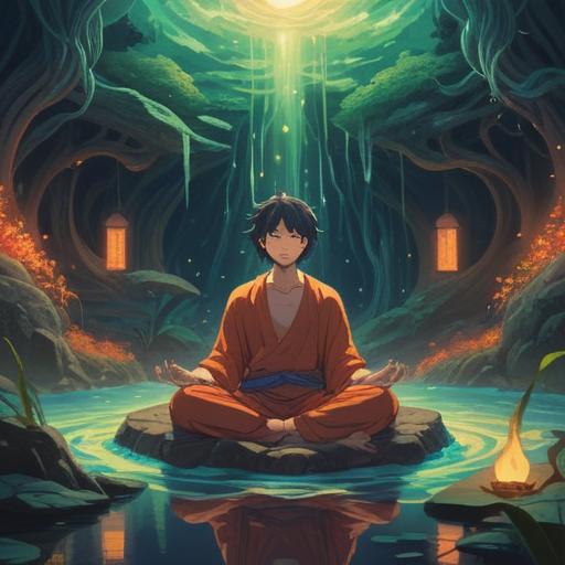 A tranquil scene depicting a person meditating in a serene environment, surrounded by vibrant energy waves symbolizing sound, ethereal light illuminating the aura, soft-focus background of nature, gentle colors conveying peace, deep reflection on spiritual meaning, harmonious atmosphere, 4k