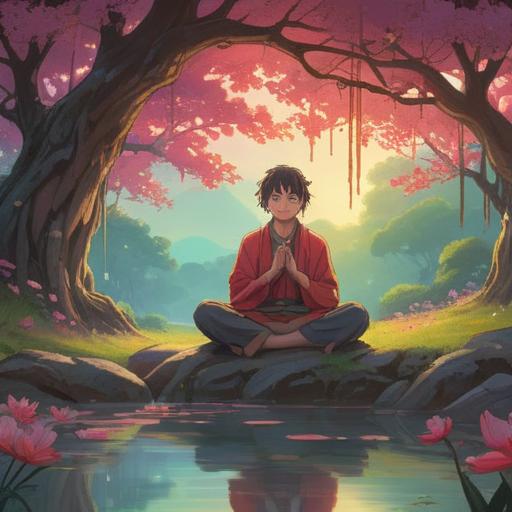 A serene and mystical landscape, ethereal light illuminating the surroundings, a figure meditating under a flowering tree, subtle energy waves emanating from the person, colorful auroras in the sky, symbols of peace and healing gently floating around, tranquil atmosphere, harmony with nature, 4k