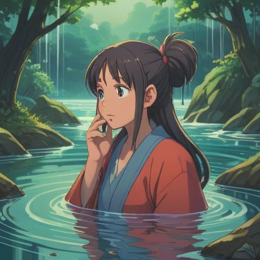 A serene and contemplative scene depicting a person experiencing ear ringing in a tranquil natural setting, surrounded by gentle flowing water, soft light filtering through the trees, symbolic representations of spiritual signs like feathers and crystals, peaceful expressions, a sense of mindfulness and connection to the universe, calming color palette, ethereal ambiance, 4k