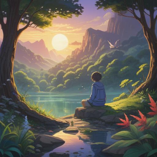A serene scene depicting a person sitting calmly in a tranquil environment, surrounded by nature, soothing elements symbolizing relaxation and luck, such as a four-leaf clover, a gentle breeze illustrated with moving leaves, soft colors conveying peace, detailed textures on the plants, emphasizing harmony and positive energy, 4k