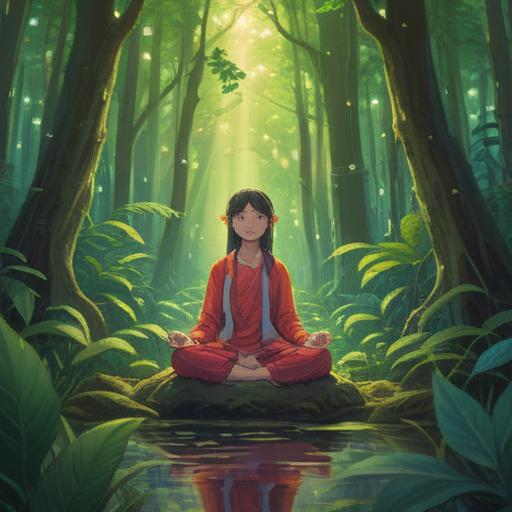 A serene and ethereal scene depicting a person meditating in a lush forest, bright light filtering through the leaves, surrounding energy waves symbolizing high-pitched sounds, vivid colors representing spirituality, gentle flow of nature, peaceful expressions, connection to the universe, harmonious atmosphere, 4k