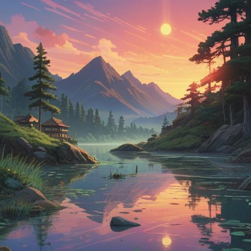 A serene and ethereal landscape, soft light illuminating a tranquil scene, vibrant colors representing sound waves, gentle ripples in water reflecting spiritual symbols, a person meditating peacefully, harmonious energy surrounding them, an aura of positivity and enlightenment, lush greenery in the background, 4k