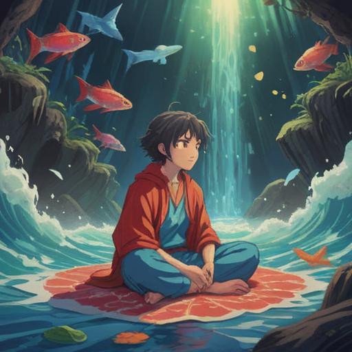 A vibrant scene depicting a character meditating peacefully, surrounded by soothing waves of sound, bright and uplifting colors, symbols of good luck and fortune floating around, serene expression, nature elements like trees and flowers, harmonious atmosphere, 4k