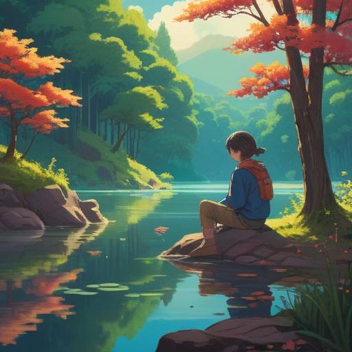 A serene and introspective scene, a person sitting by a tranquil lake, surrounded by nature, reflecting on their inner thoughts, soft ripples in the water echoing the sound of tinnitus, gentle light filtering through the trees, a sense of peaceful solitude, symbolic elements representing growth and self-discovery, mist rising from the ground, inviting atmosphere, 4k