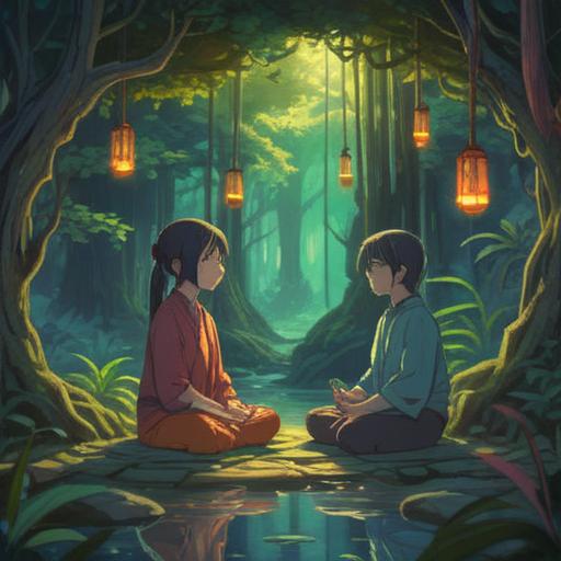 A serene and mystical scene depicting the concept of spiritual signs, two people meditating in a tranquil environment, gentle light surrounding them, symbols of sound waves emanating from their ears, ethereal colors, nature elements like trees and water, peaceful expressions, harmonious atmosphere, vibrant energy, 4k