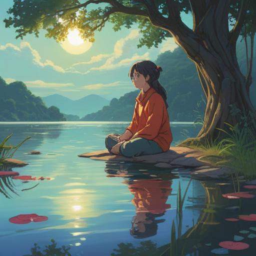 A serene illustration depicting a person sitting peacefully by a tranquil lake, meditating, soft ripples in the water reflecting the calm sky, surrounded by nature, gentle trees swaying in the breeze, a sense of inner peace and clarity, light filtering through leaves, harmonious colors, emotional connection with the environment, 4k