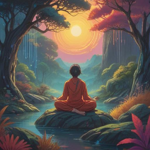 A serene and mystical landscape, an ethereal glow surrounding a figure meditating, vibrant colors symbolizing energy and vibrations, soft-focus elements representing sound waves, gentle natural surroundings, floating musical notes in the air, peaceful atmosphere, spiritual awakening, 4k