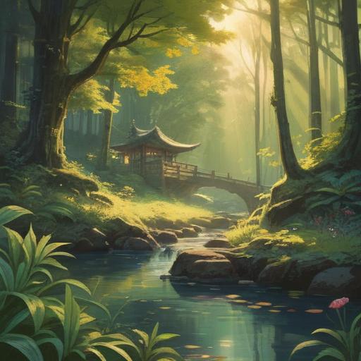 A serene landscape depicting the tranquility of nature, a gentle breeze rustling through the leaves, soft rays of sunlight filtering through the trees, a person meditating peacefully, surrounded by vibrant flowers and a flowing stream, ethereal symbols representing spiritual awakening, harmonious colors, soothing ambiance, 4k