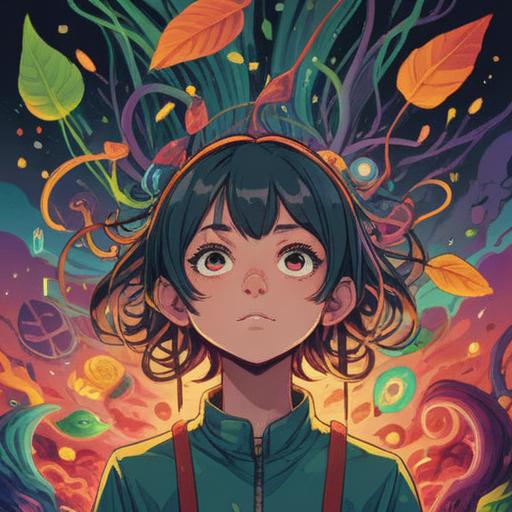 A surreal illustration of a person experiencing tinnitus, whimsical symbols floating around their head, vibrant colors, a giant four-leaf clover in the background, calming nature scenes, hints of musical notes and peaceful waves, dreamlike atmosphere, character showing a mix of confusion and calmness, 4k