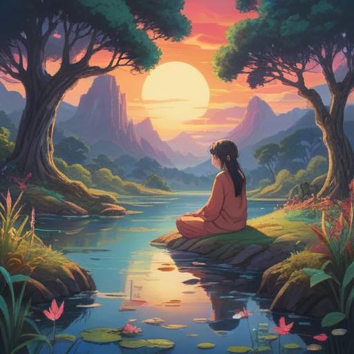 A serene landscape reflecting spiritual insights, soft hues blending in harmony, a figure meditating surrounded by ethereal sounds, wisps of color representing vibrations in the air, symbolic elements like feathers and light, an aura of tranquility and enlightenment, 4k