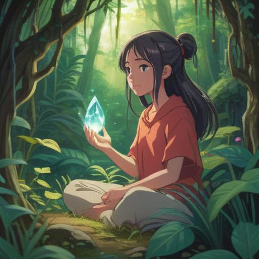 A serene and calming scene, a person meditating with a clear quartz crystal in hand, surrounded by lush greenery and soft sunlight filtering through the leaves, gentle reflections of light on the crystal, an aura of tranquility and peace, harmonious colors, soothing atmosphere, emphasizing relaxation and mindfulness, 4k