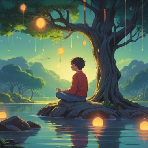 A serene and mystical landscape, ethereal light illuminating gentle waves, a person meditating under a tree, surrounded by floating musical notes, wisps of clouds symbolizing sound waves, vibrant colors reflecting tranquility and intuition, a sense of spiritual awakening, harmonious atmosphere, 4k