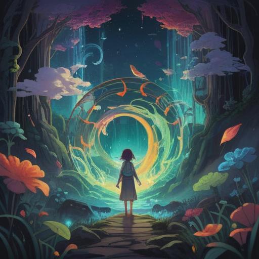 A mystical illustration depicting an ethereal figure surrounded by sound waves, serene setting, soft glowing light, symbols of spiritual awareness, peaceful nature backdrop, subtle hints of anxiety in the environment, vibrant colors representing energy flow, intricate detailing of the figure's expression, conveying connection to higher self, 4k