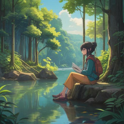A serene and introspective illustration, depicting a person sitting in a tranquil nature setting, surrounded by soft sounds of nature, reflection on personal healing through the experience of tinnitus, visual representation of sound waves gently surrounding the individual, peaceful atmosphere, calming colors, deep focus on emotions, 4k