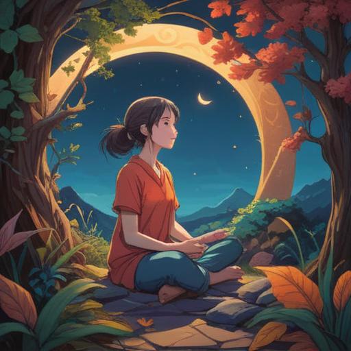 A tranquil scene depicting a person meditating under a crescent moon, soft light illuminating their face, a gentle breeze rustling leaves, symbolic representations of spiritual awakening like feathers and light orbs around, a serene forest background, vibrant colors, harmonious atmosphere, 4k