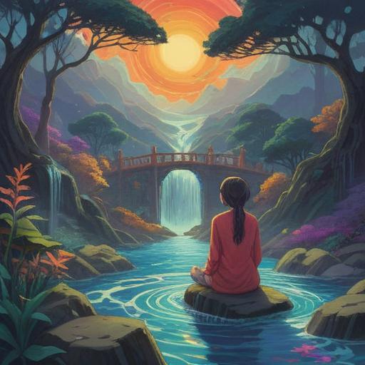 A mystical scene depicting the spiritual meaning of tinnitus, ethereal waves of sound visualized as colorful streams, a serene figure meditating in a tranquil setting, surrounded by glowing orbs representing energy, harmonious nature elements in the background, soft light illuminating the scene, peaceful expression, dreamlike atmosphere, 4k