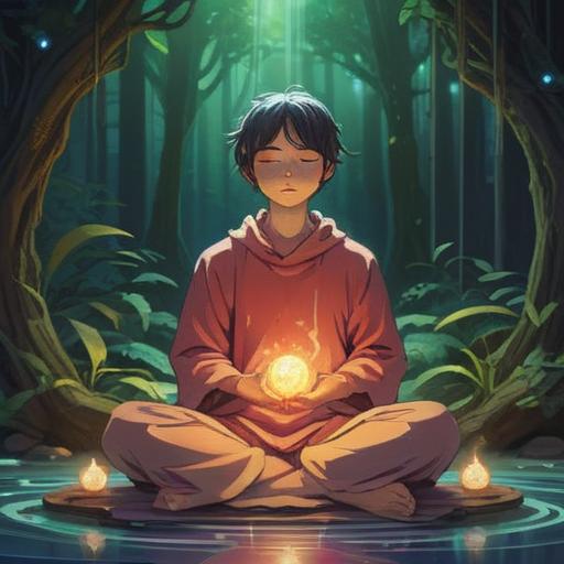 A serene and mystical illustration depicting a person sitting in meditation, surrounded by soft, glowing auras, ethereal light streams flowing, representing the connection between sound and spirituality, vibrant colors symbolizing energy and peace, tranquil nature background, harmonious atmosphere, intricate details in clothing and expressions, 4k