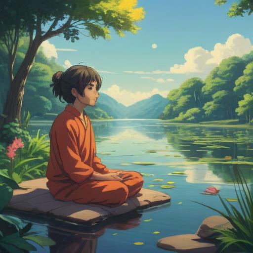 A serene and calming illustration depicting a person meditating peacefully by a tranquil lakeside, surrounded by lush greenery, soft ripples in the water reflecting the sky, gentle sunlight filtering through the trees, symbols of harmony and balance, nourishing the mind and body, detailed serene expression on the person's face, 4k
