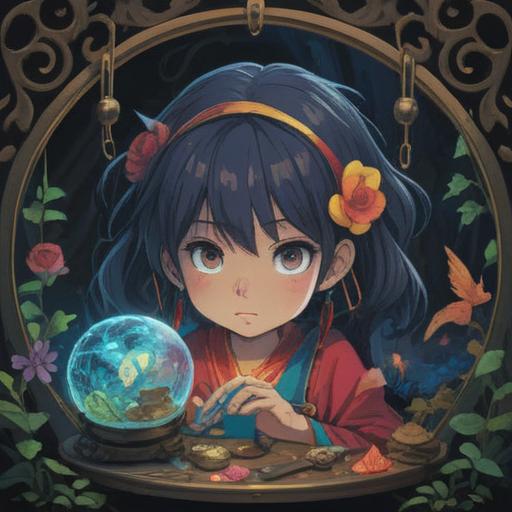 A mystical scene depicting a right ear ringing, featuring a lucky item like a small ornate charm, glowing softly in the dim light, surrounded by calming nature elements such as gently swaying trees and a tranquil stream, soft focus on the charm to enhance its significance, serene and contemplative atmosphere, vivid colors, 4k