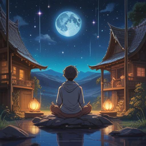 A serene and mystical scene depicting a person sitting in meditation under a starry night sky, soft glowing light emanating from their right ear, surrounded by ethereal symbols representing spiritual guidance, gentle waves of energy radiating outward, tranquil atmosphere, harmonious blend of nature and spirituality, 4k