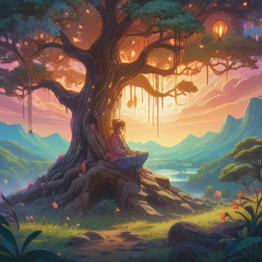 A serene and mystical landscape, vibrant colors, ethereal light, representing spiritual awareness, a figure meditating under a tree, sound waves visualized around the right ear, symbols of intuition and awareness, calming atmosphere, 4k
