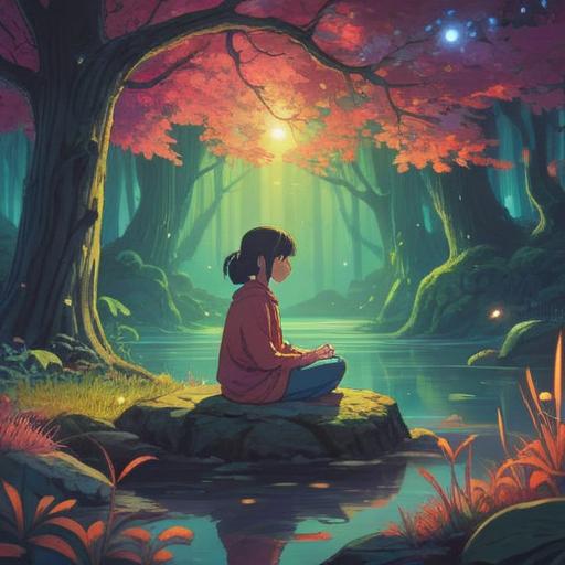 A serene and mystical scene, soft glowing lights, a person meditating in nature, surrounded by ethereal sounds and vibrant colors, gentle waves of energy radiating around, peaceful expressions, symbols of connection and harmony, spiritual awakening, calming atmosphere, 4k