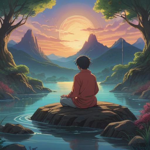 A serene and mystical landscape, ethereal glow, sound waves visually represented, a figure meditating in a tranquil environment, symbolic representation of spiritual awakening, soft pastel colors, nature elements like trees and water, ephemeral creatures surrounding, calming atmosphere, harmonious energy, 4k