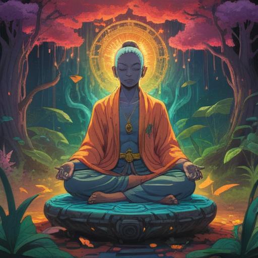 A spiritual illustration depicting the concept of tinnitus as a positive sign, ethereal light surrounding a person in meditation, vibrant colors symbolizing energy flow, serene facial expressions, mystical elements like auras and symbols, harmonious environment with nature, calming atmosphere, 4k