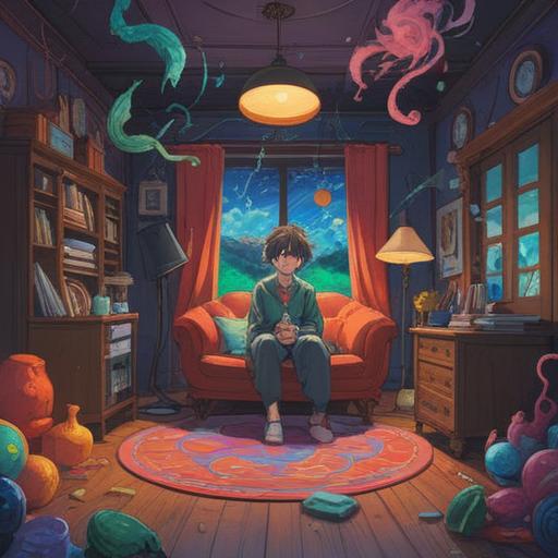 A surreal illustration of a person sitting in a quiet room, surrounded by soft, swirling colors, representing the ringing sound of tinnitus, a journey of self-discovery beginning with the inner voice, a calm expression on their face, faint echoes depicted in the air, a blend of tranquility and introspection, vibrant but soothing hues, 4k