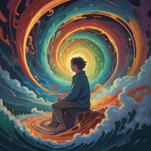A surreal illustration of tinnitus represented as a swirling vortex of sound waves, ethereal light surrounding the figure, a person seated in meditation, deep in thought, with a serene expression, mystical symbols floating around, tranquil nature background, soft focus, spiritual awakening, 4k