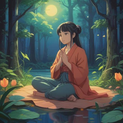 A serene and mystical landscape, vibrant colors, ethereal light surrounding a tranquil figure meditating, the sound of a gentle hum represented by swirling patterns in the air, harmony with nature, spiritual awakening, peaceful atmosphere, 4k