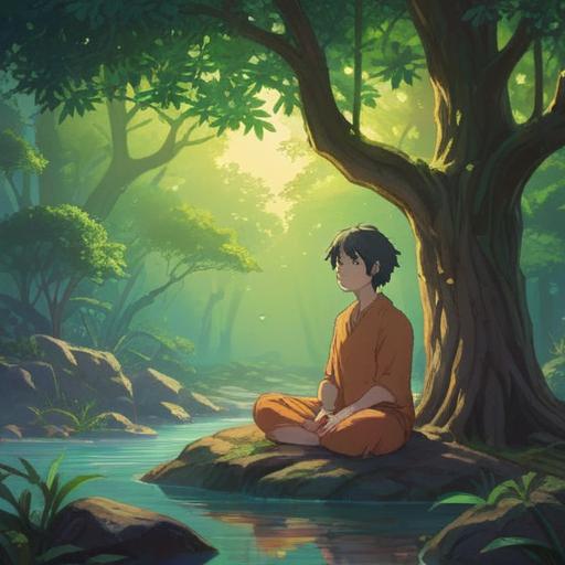 A serene and introspective scene depicting a person meditating under a tree, soft gentle light filtering through the leaves, ethereal sound waves resonating around them, symbolic representations of spiritual growth, a calm and tranquil environment, deep connection with nature, harmonious energy flow, 4k