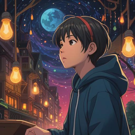 A mystical scene depicting a person experiencing tinnitus at midnight, surrounded by ethereal lights, dark night sky filled with stars, an owl perched on a nearby branch, the person in a meditative pose, subtle sound waves visualized around their head, symbolic elements representing spiritual awakening, tranquil yet mysterious atmosphere, vibrant colors against the dark background, 4k