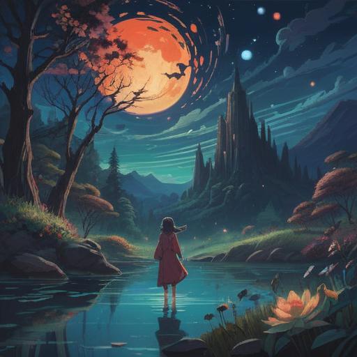 A mystical illustration depicting the concept of midnight tinnitus as a spiritual sign, ethereal sounds echoing in the night sky, serene imagery of nature under moonlight, soft glowing orbs representing vibrations, a figure in meditation surrounded by calming energies, symbolic elements of guidance and intuition, 4k