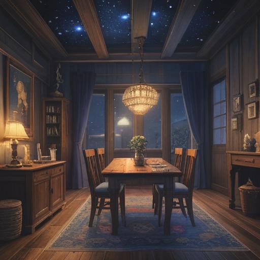A mystical scene depicting a serene night at midnight, soft moonlight illuminating a quiet room, a shimmering crystal on a wooden table, a faint glow around the crystal, symbols of luck like four-leaf clovers and horseshoes scattered around, a window showing a starry sky, tranquil atmosphere, introspective mood, hints of magic and fortune, 4k