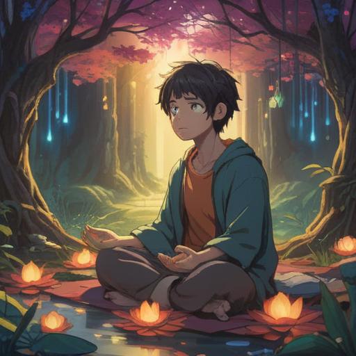 A serene, ethereal scene depicting a person meditating in a tranquil environment, surrounded by soft glowing lights, representing spiritual awakening and deep inner peace, with gentle waves of sound visualized around them, a celestial backdrop of stars and subtle auroras, conveying a sense of heightened awareness and connection to the universe, 4k