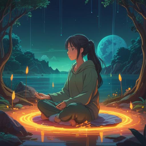 A serene and ethereal landscape, soft glowing light, subtle visual representations of sound waves, a person meditating in a tranquil setting, symbolic elements of spirituality like doves and lotus flowers, vibrant colors, harmonious atmosphere, mystical aura, nature-inspired background, 4k