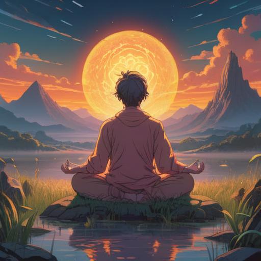 A mystical illustration depicting a serene landscape, soft glowing light, a person meditating with hands in a prayer position, ethereal aura around them, sound waves visually represented as shimmering lines, symbols of spiritual awareness floating around, tranquil atmosphere, deep connection to nature, 4k