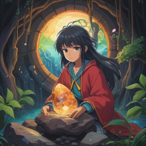 A mystical illustration of a lucky stone that enhances clarity, vibrant colors reflecting inner peace, glimmering light emanating from the stone, surrounded by serene nature, softly glowing aura, ethereal atmosphere, calming scenery, intricate details in the stone's texture, representing tranquility, 4k