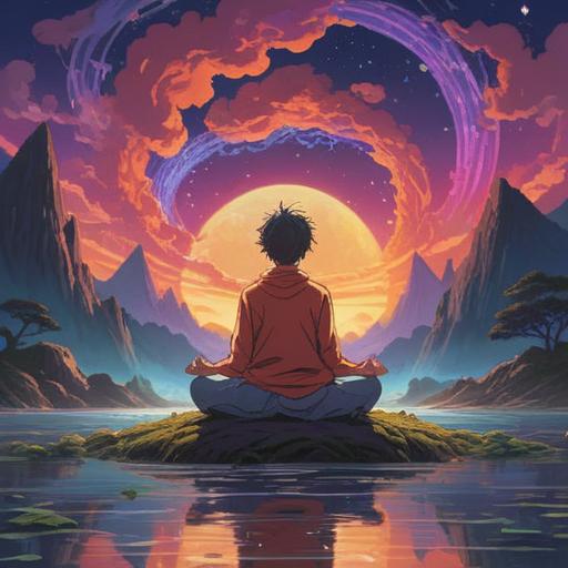 A serene landscape depicting a person meditating, surrounded by vibrant energy waves symbolizing the ringing in the ears, soft glowing lights representing spiritual connections, tranquil environment with lush greenery and a clear blue sky, ethereal aura around the figure, 4k