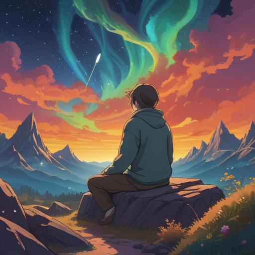 A mystical and serene scene, a person sitting in meditation under a starlit sky, vibrant auroras swirling above, subtle sound waves represented visually, symbols of spirituality in the surroundings, a calming aura emanating from the figure, nature elements like trees and a gentle stream, ethereal glow, peaceful atmosphere, 4k