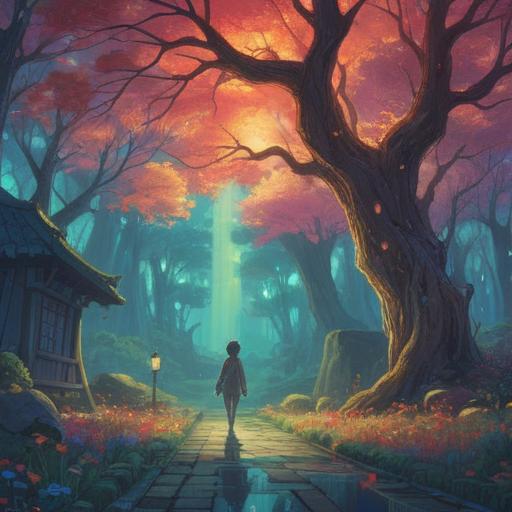 A serene and mystical scene depicting the concept of tinnitus arriving at 7 PM, ethereal light illuminating a tranquil environment, delicate sound waves visualized in the air, symbolic representations of spiritual meaning, soft colors blending harmoniously, trees gently swaying in the evening breeze, a tranquil figure in meditation, surrounded by calming nature, 4k