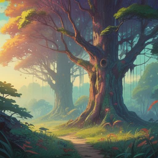 A mystical illustration depicting the connection between tinnitus and the spiritual meaning of 5 PM, ethereal landscape, soft light filtering through trees, a serene figure meditating, sound waves visualized in the air, tranquil vibes, sunset hues, symbolic elements representing sound and time, 4k