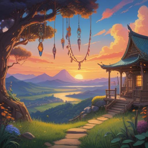 A serene illustration of a sunset at 5 PM, featuring a mystical charm bracelet with various lucky items, a peaceful landscape with gentle hills, faint sounds represented visually around the bracelet, warm golden light illuminating the scene, soft focus on the charm details, tranquil atmosphere, inviting aura, 4k