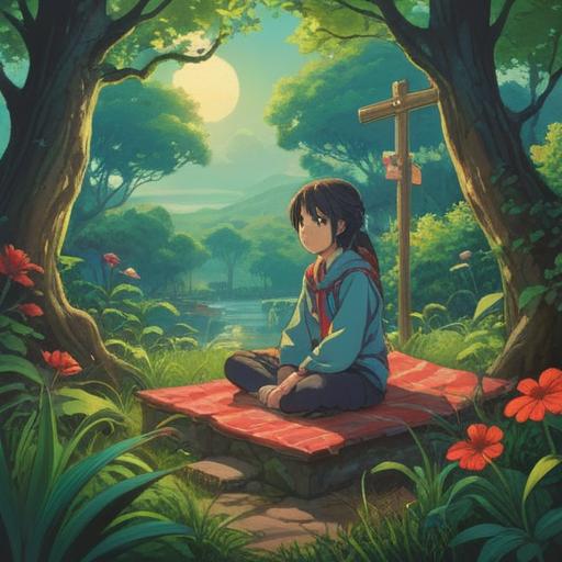 A serene and introspective scene depicting a person sitting cross-legged in a peaceful garden, surrounded by nature, soft breeze flowing, gentle sunlight filtering through leaves, eyes closed in meditation, a tranquil expression on their face, reflecting on inner thoughts, symbols of clarity and focus around them, subtle hints of auditory waves or sound vibrations in the air, soothing colors, harmonious atmosphere, emphasizing mindfulness and emotional balance, 4k
