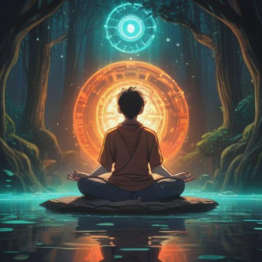 A mystical illustration depicting tinnitus occurring at 4 PM, spiritual elements surrounding the scene, a person meditating in a serene environment, ethereal light illuminating the space, subtle sound waves visualized in the air, symbolic representations of awareness and intuition, deep connection to nature, tranquil color palette, magical atmosphere, thought-provoking imagery, 4k