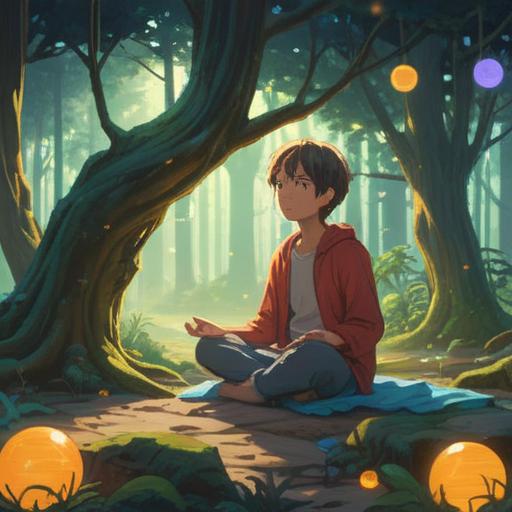 A serene landscape at 4 PM, with soft golden sunlight filtering through trees, a person meditating peacefully, surrounded by glowing orbs representing spiritual energy, gentle sound waves visually depicted, signs of positive transformation in the air, tranquil atmosphere, vivid colors, harmonious nature, 4k