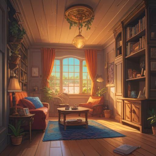A serene afternoon scene, a lucky charm emitting a soothing aura, a cozy room bathed in golden light, a clock showing 4 PM, the charm depicted in intricate detail, calming sound waves radiating from the object, inviting and tranquil atmosphere, hints of nature visible through the window, emphasizing relaxation and positivity, 4k