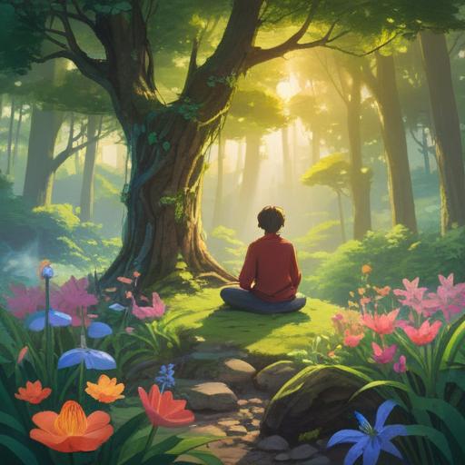 A serene scene depicting a person meditating in a tranquil environment, surrounded by lush nature, vibrant flowers, gentle sunlight streaming through trees, a peaceful expression on their face, harmony and balance, soft breeze, uplifting atmosphere, 4k