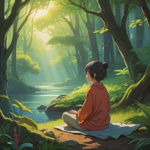 A serene and mystical landscape at 2 PM, gentle sunlight filtering through lush trees, ethereal whispers in the air, a figure meditating peacefully, surrounded by floating symbols of spiritual growth, soft colors, tranquil atmosphere, connection to the universe, 4k